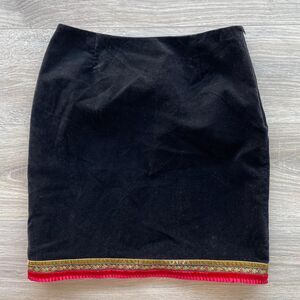 Women's Black Velvet Mini Skirt with Red & Gold Ribbon Trim 8P Vintage Y2K Glam
